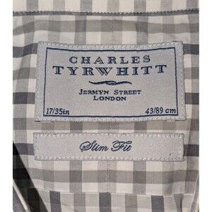Charles Tyrwhitt Mens 17/35 Gingham Plaid Gray Dress Shirt Non Iron Slim Fit